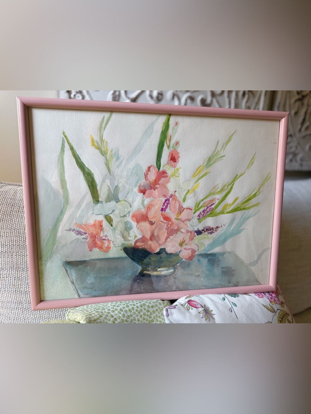 Vintage framed pastel watercolor painting